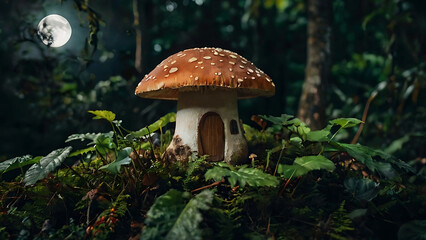 Whimsical Mushroom House in Enchanted Forest Setting.