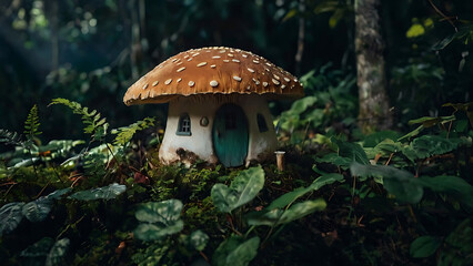 Whimsical Mushroom House in Enchanted Forest Setting.
