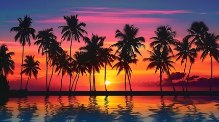 Obraz premium A tranquil tropical sunset with silhouetted palm trees and vibrant reflections on water