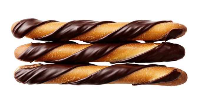 Three stacked, chocolate-covered, twisted biscuits