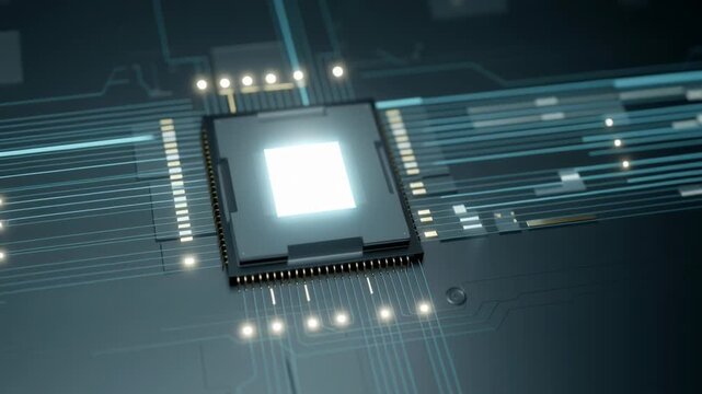 High-tech AI chip processor design featuring isometric illustration showcasing intricate circuitry and glowing details