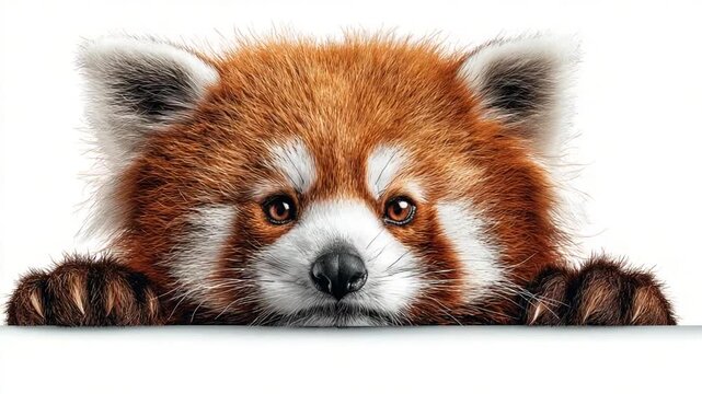 A red panda peeks over a white surface, paws visible, with a curious, sweet face