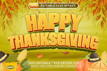 Happy Thanksgiving Editable Text Effect with Autumn Leaves and Harvest Elements Vector