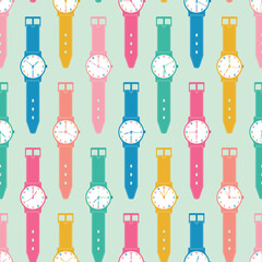 Raster illustration. Colorful wrist watches with different timing seamless repeat pattern on mint green background.