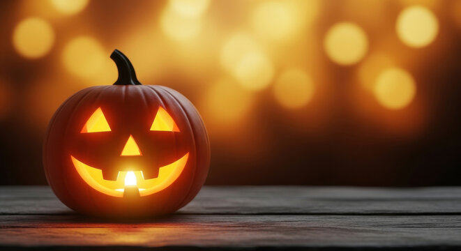 Glowing jack o lantern pumpkin with a spooky face illuminated by candlelight on a wooden surface with bokeh lights