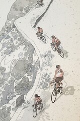 Watercolor Cyclists on a Winding Mountain Road &mdash; Road Bike Race in Green Hills