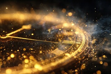 Golden clock face with shimmering particles