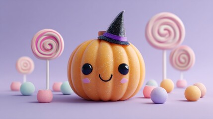 A charming 3D render of a cute round pumpkin with a smiling face and a small witch hat, symbolizing a friendly and sweet Halloween character
