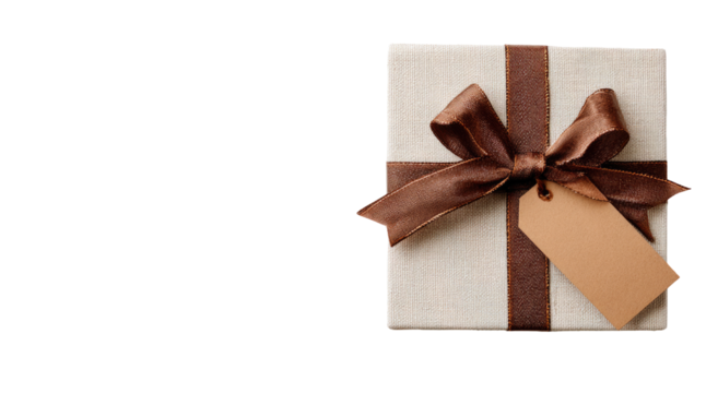 Beige gift box with brown ribbon and tag