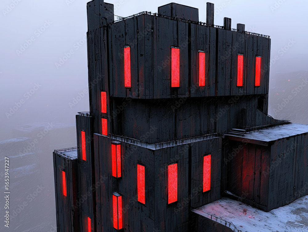 Poster modern architecture structure with illuminated red windows on a foggy night showcasing urban design 