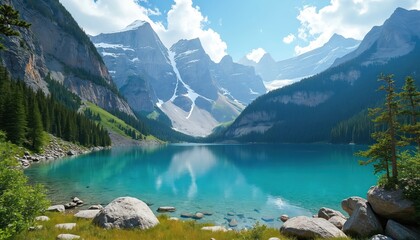 Breathtaking mountain lake with clear turquoise water surrounded by towering peaks, dense evergreen forests. Snow-capped mountains reflect in calm water under blue sky with white clouds. Vibrant