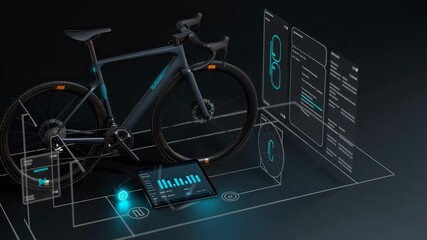 Features a modern bicycle integrated with smart technology. Metrics and analytics are displayed on a digital screen, showcasing data tracking for cycling enthusiasts - Powered by Adobe