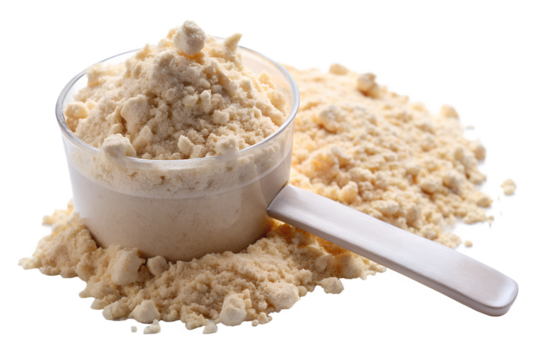 Heap of whey protein powder with a plastic scoop, isolated on transparent background