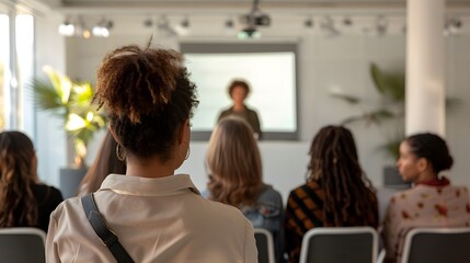 A diverse group of individuals attentively engages in a professional presentation in a modern conference room setting.