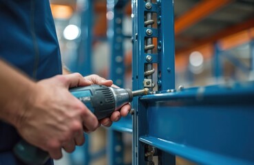 Warehouse worker using power tool tightens screw assembling industrial storage racks. Caucasian man in uniform works with electric drill, installing shelves in distribution center. Safety gear,