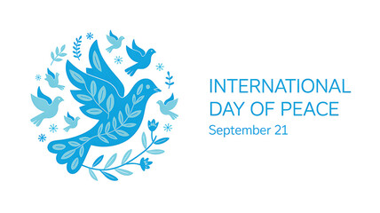 Obraz premium Blue doves and foliage forming circle with text International Day of Peace September 21