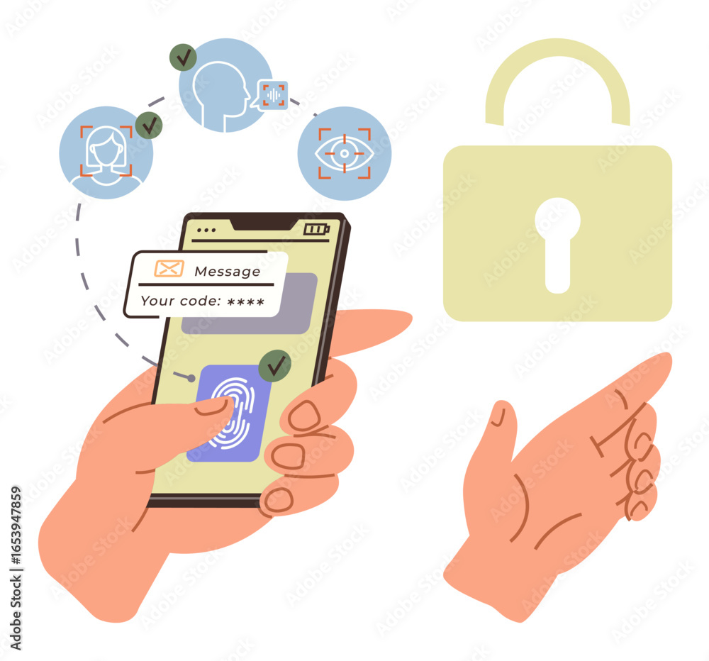 Poster hand holding smartphone with password, fingerprint scan, and biometric security check symbols. lock 