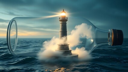 Lighthouse inside a glass bottle floating on the ocean with cloudy sky and light shining above it all
