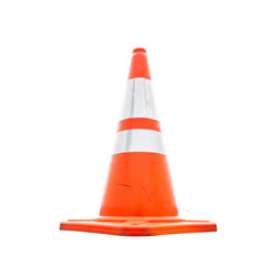 Bright orange traffic cone with white reflective stripes isolated on a dark void symbolizing safety and construction zones transparent background
