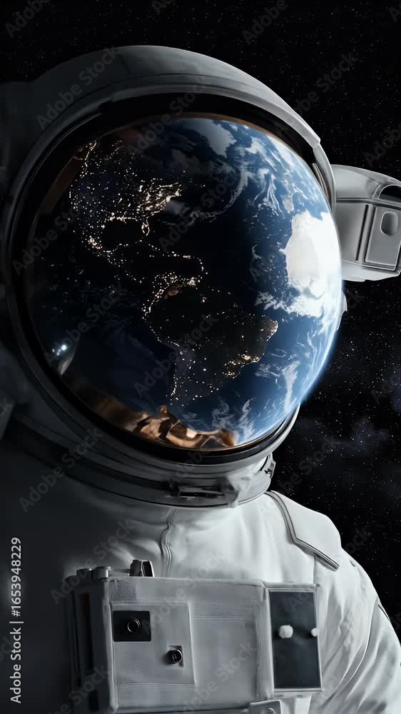 Poster astronaut portrait reflecting earth in helmet floating in deep space