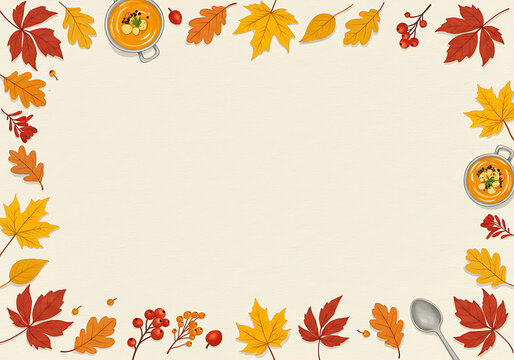 A warm and inviting autumn border featuring colorful fall leaves and steaming bowls of soup, perfect for seasonal greetings and culinary themes.