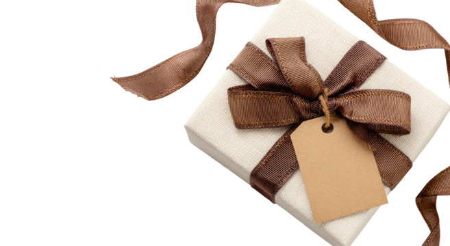 A square, off-white gift box, tied with a brown ribbon bow, and a tan tag