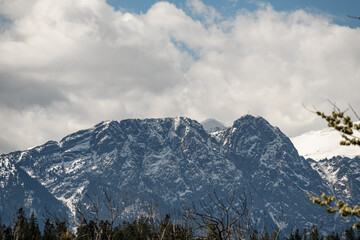 View in the mountains, mountain peaks, trails, Giewont with a cross on the right