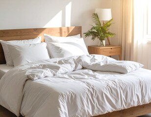 Unmade bed in sunlit bedroom interior