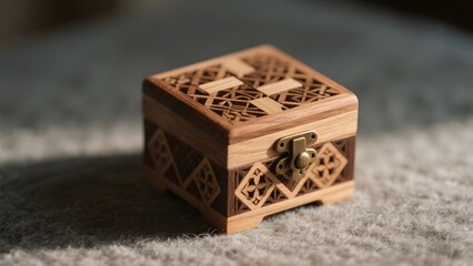 Intricately Designed Wooden Box with Geometric Patterns and Brass Clasp