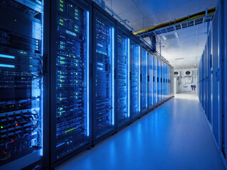 Server room lights up modern data center corridor