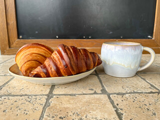 Fresh puff pastry. Croissants. Cafe.