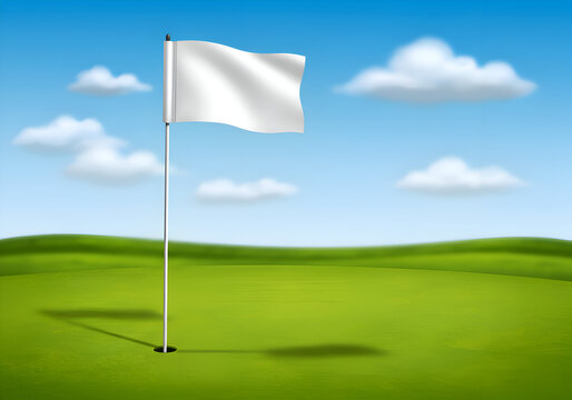 Blank white golf flag on green course. Perfect for design or branding ads, offering a customizable canvas in a vibrant golf setting.