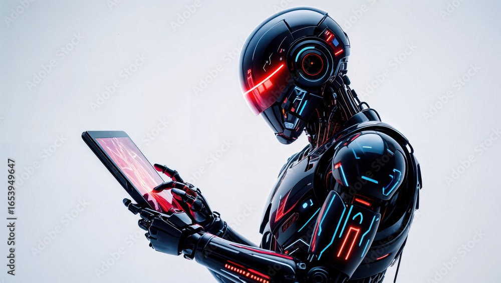 Wall mural futuristic robot using digital tablet with red glowing display