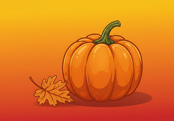 A vibrant illustration of a ripe, orange pumpkin and a single autumn leaf.