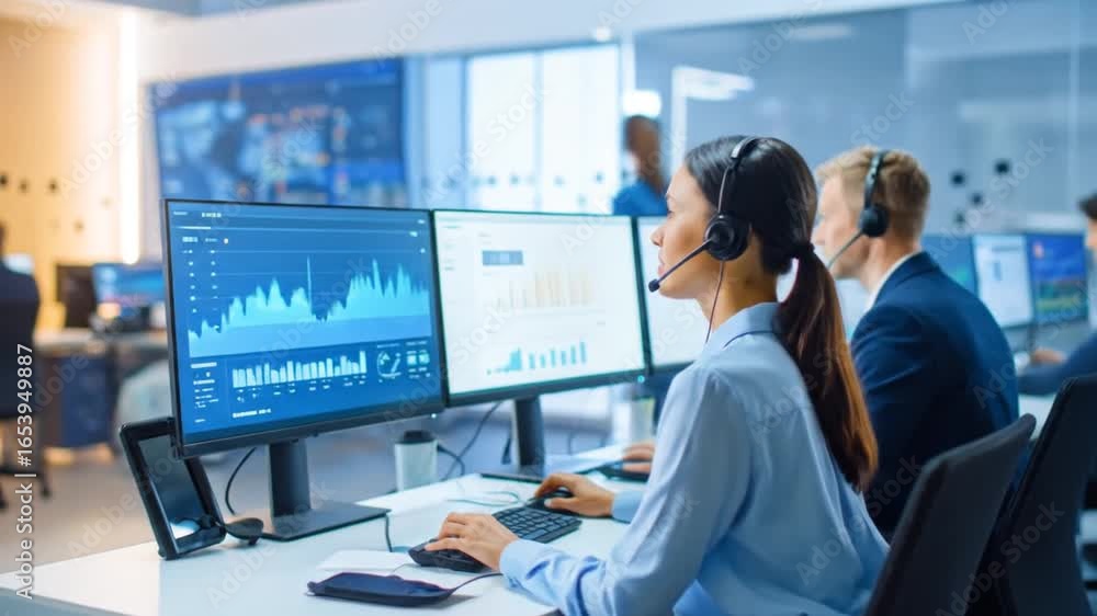 Poster stock traders team analyzing data on computer screens in a bright and modern office environment