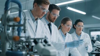 Scientists in lab coats examining equipment and discussing findings in a modern laboratory setting.