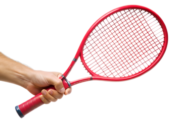A hand holding a red tennis racket isolated on transparent background, ready for a game of sport