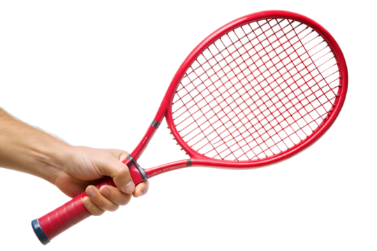 A hand holding a red tennis racket isolated on transparent background, ready for a game of sport