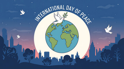 Naklejka premium Earth with dove and International Day of Peace text over cityscape