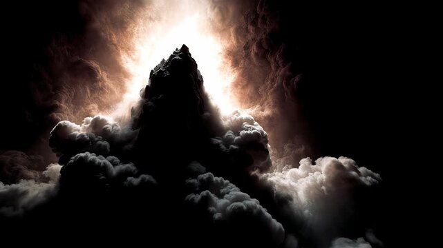 Witness the mesmerizing rise of swirling clouds, dramatically lit by an explosive burst of light against a backdrop of deep darkness. The swirling formations evoke a sense of awe and mystery.