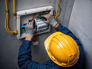Electrician installing circuit breakers in electrical panel