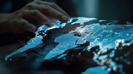 Hand interacting with a digital world map