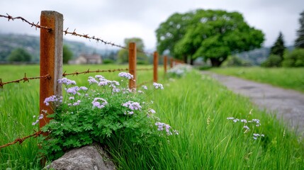 Fototapeta premium Purple wildflowers growing by rusty barbed wire fence in green field