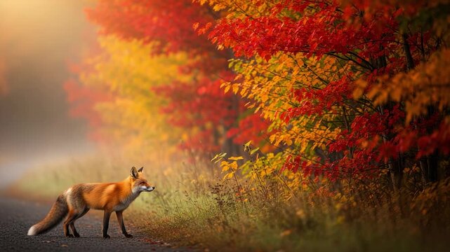 A lone red fox on a path through a vibrant autumn forest. Beautiful wildlife photography with colorful fall foliage and misty background.