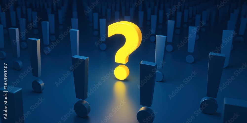 Aufkleber a large glowing question mark stands out in the dark, surrounded by many regular exclamation marks, 