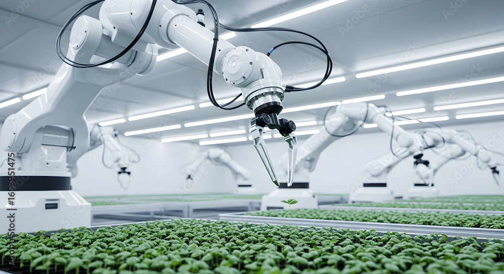 Poster automated agricultural system featuring robotic arms tending to rows of plants in a controlled indoo