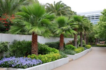 Fototapeta premium Lush tropical garden with palm trees bordering a paved path