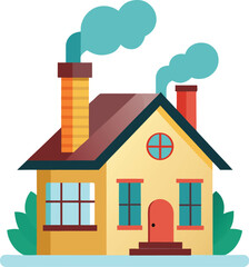 Fototapeta premium Cozy House with Chimney Smoke – Flat Vector Illustration of Winter Cottage Home