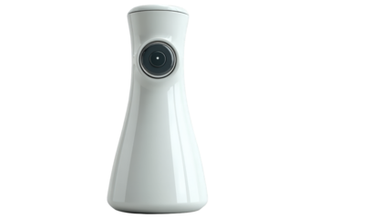Sleek white smart home security camera with a modern glossy vase-like design and a central lens.
