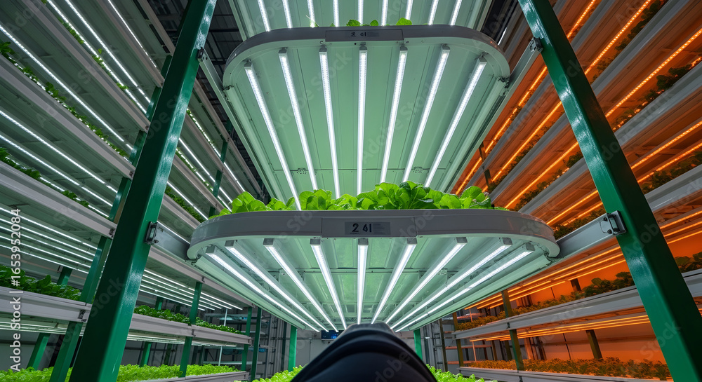 Poster vertical farm with led lights and multiple growing levels